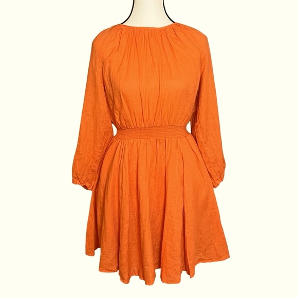 J Crew Palermo Smocked Waist Mini Dress 100% Linen 3/4 Sleeve Orange Size XS - Picture 1 of 6